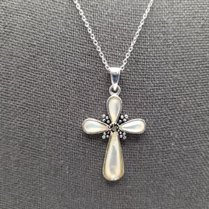 Mother of Pearl Cross Necklace, 925 Sterling Silver, Marcasite Center, 18", Thai